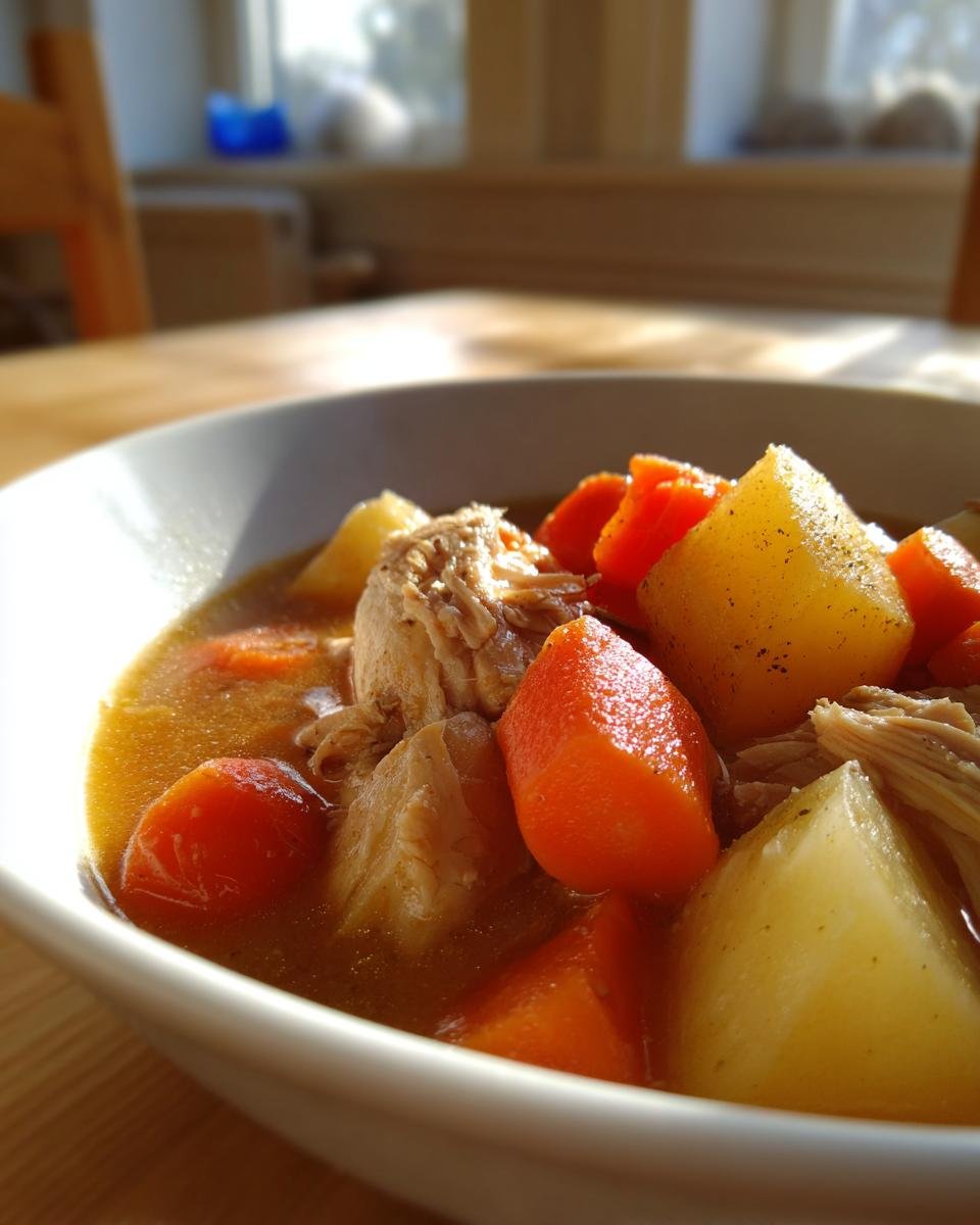 Nahaufnahme von zartem H&uuml;hnchen, Karotten und Kartoffeln im Slow Cooker Chicken Stew in einer wei&szlig;en Sch&uuml;ssel.