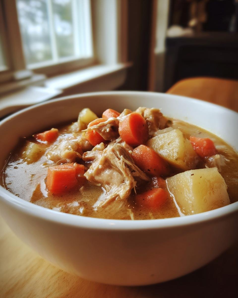 Nahaufnahme einer wei&szlig;en Sch&uuml;ssel mit herzhaftem Slow Cooker Chicken Stew, gef&uuml;llt mit zerfasertem Huhn, Karotten- und Kartoffelst&uuml;cken.