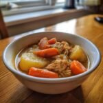 Eine Sch&uuml;ssel mit Slow Cooker Chicken Stew, gef&uuml;llt mit zerkleinertem H&auml;hnchen, gro&szlig;en Kartoffelst&uuml;cken und leuchtend orangefarbenen Karotten.