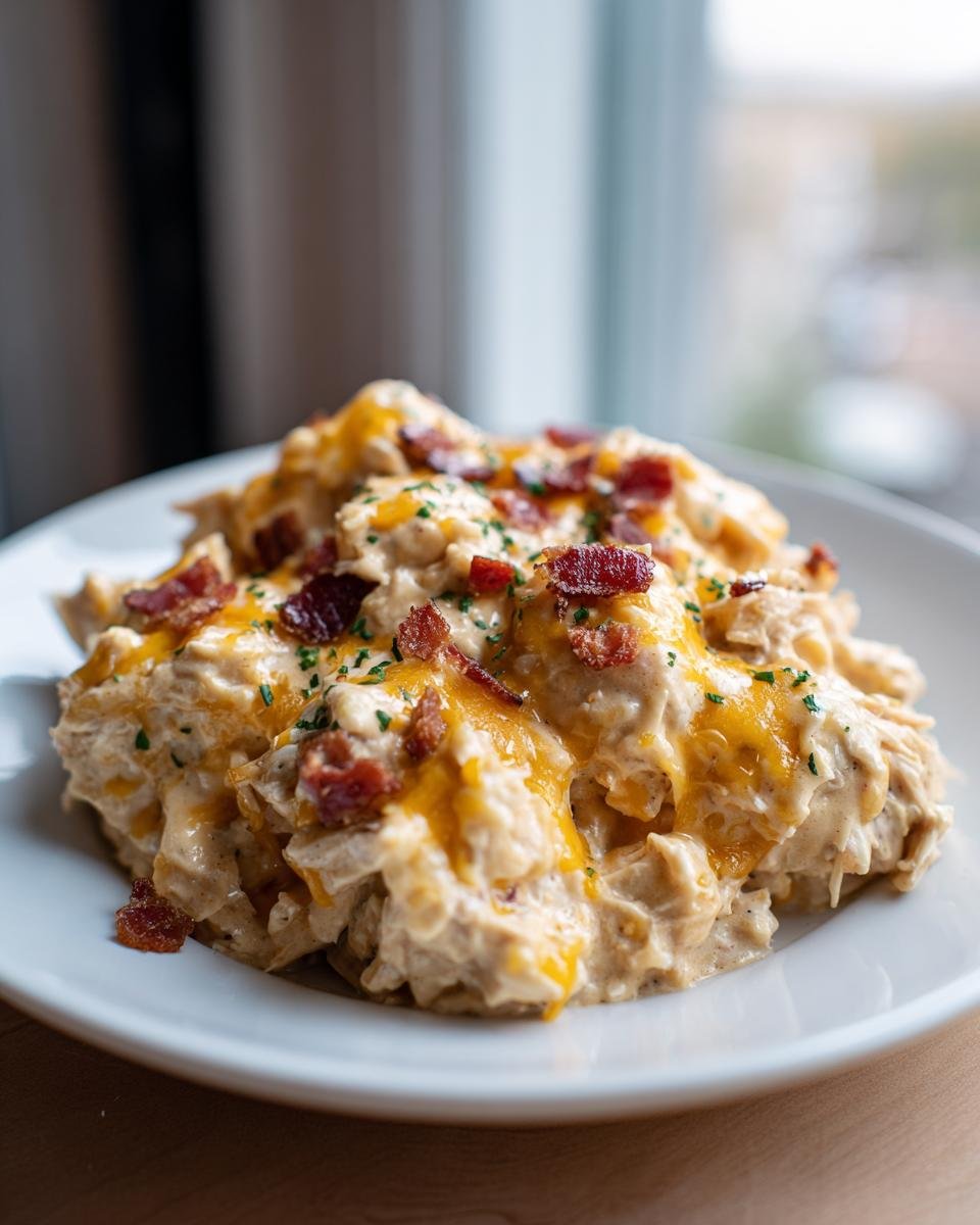 Ein Teller mit cremigem Slow Cooker Crack Chicken, bedeckt mit geschmolzenem Käse und Speckstücken.