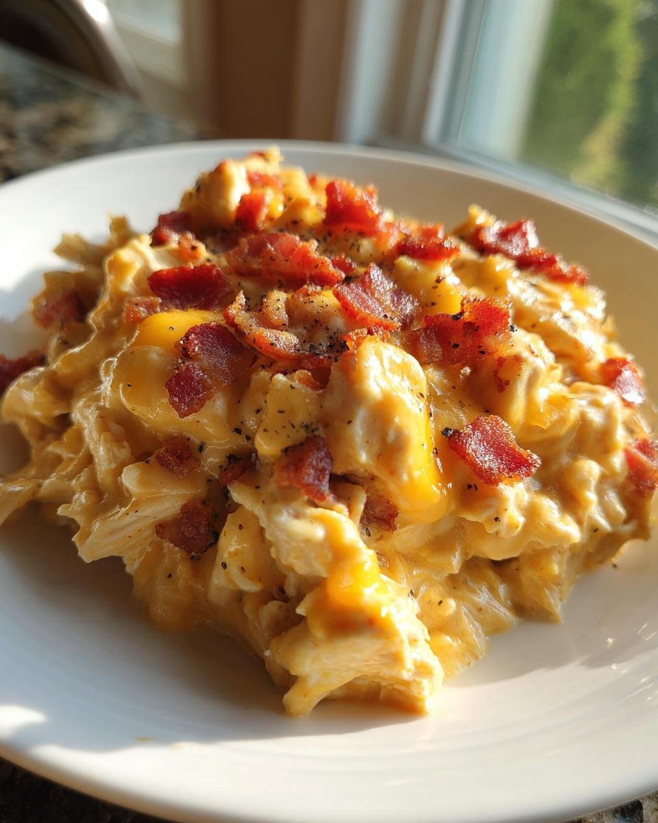 Cremiges Slow Cooker Crack Chicken mit geschmolzenem Käse und knusprigem Speck auf einem weißen Teller.
