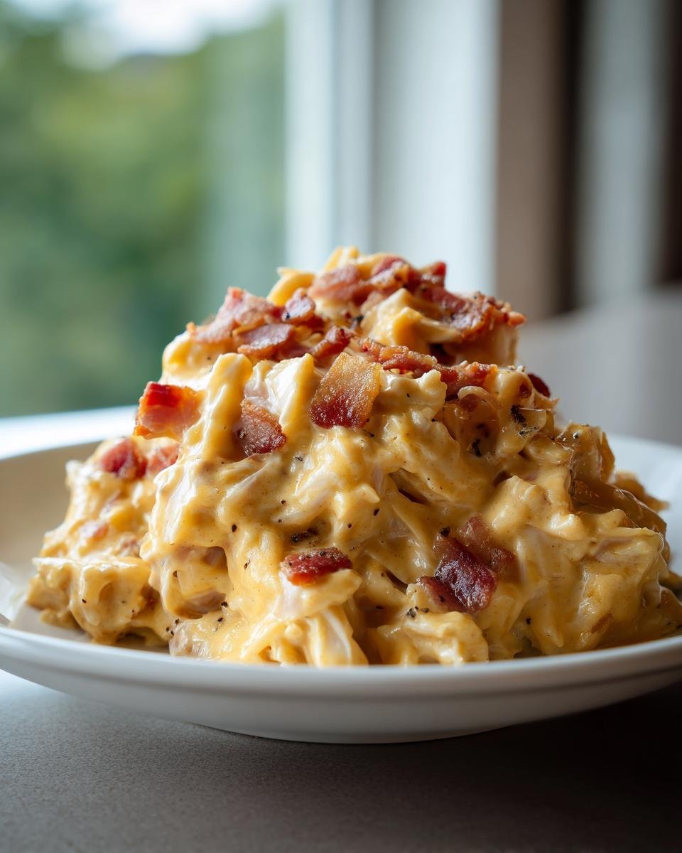 Ein cremiger Haufen Slow Cooker Crack Chicken, garniert mit knusprigem Speck, auf einem weißen Teller.