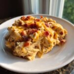 Ein Teller mit cremigem Slow Cooker Crack Chicken, bedeckt mit geschmolzenem K&auml;se und Speckst&uuml;cken.