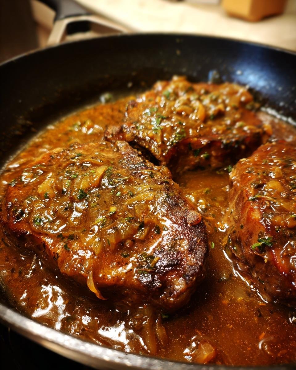 Drei saftige Smothered Pork Chops in einer reichhaltigen, dunklen Zwiebelso&szlig;e in einer schwarzen Pfanne.