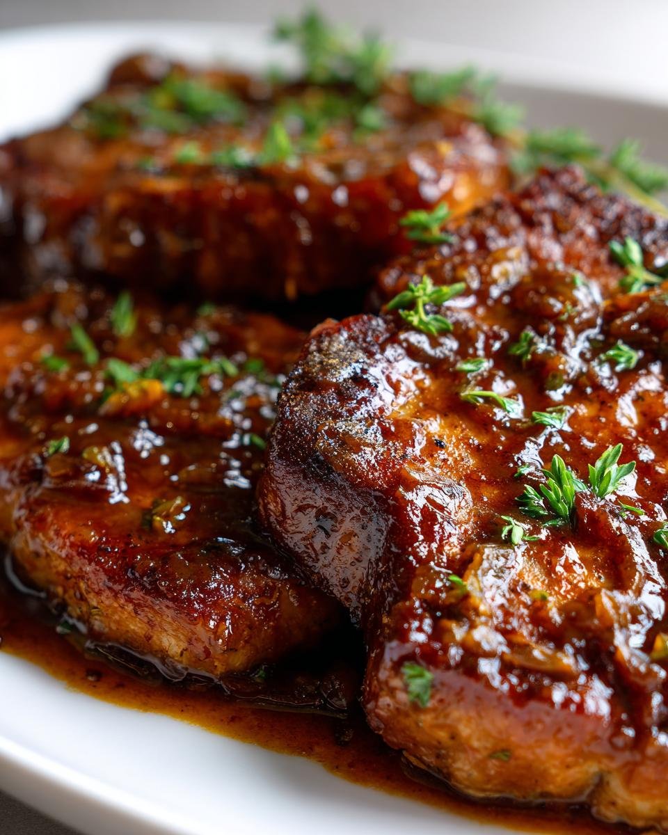 Nahaufnahme von saftigen Smothered Pork Chops, &uuml;bergossen mit einer dunklen, gl&auml;nzenden So&szlig;e und garniert mit frischen Kr&auml;utern.