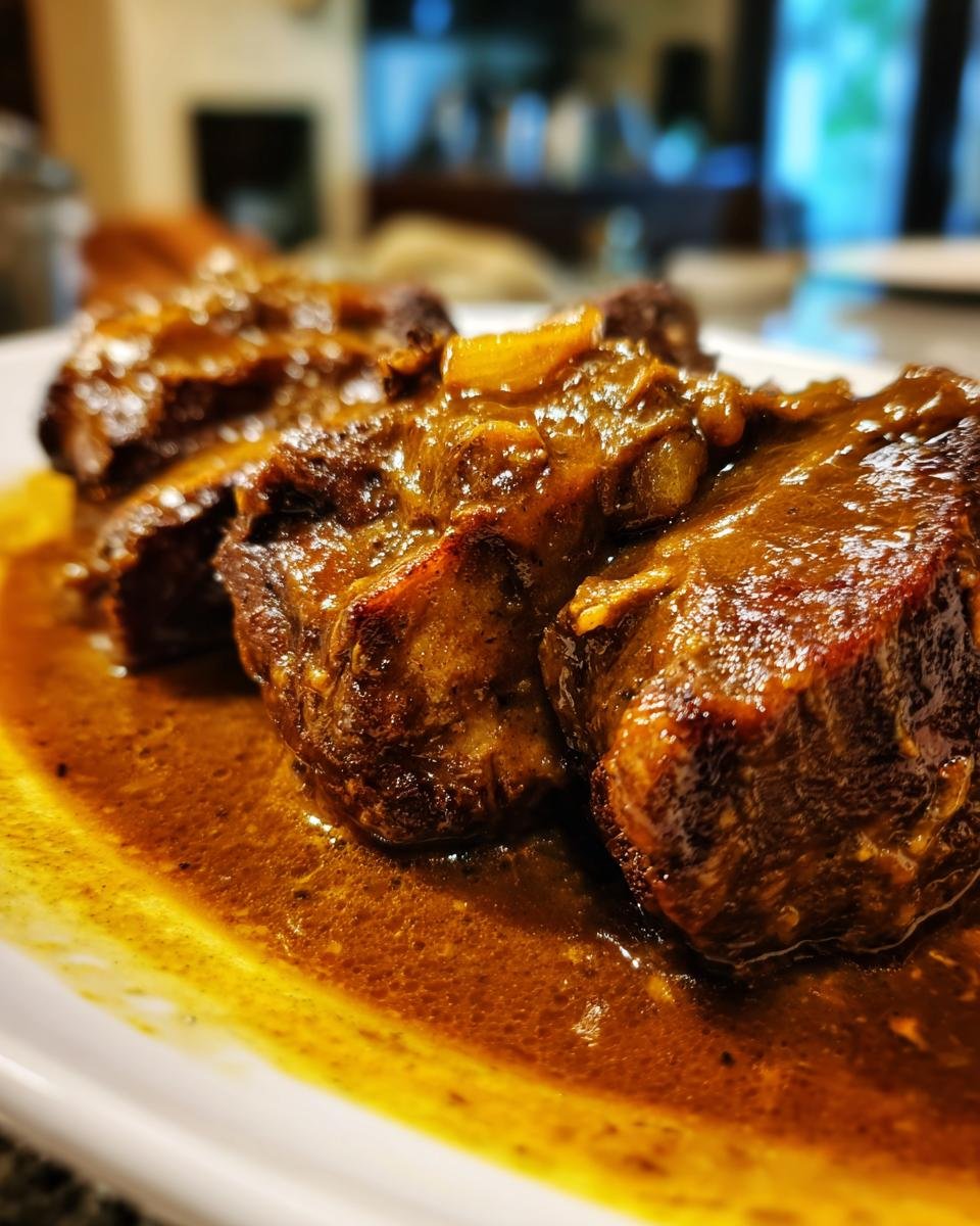 Nahaufnahme von saftigen Smothered Pork Chops, bedeckt mit einer reichhaltigen, braunen So&szlig;e.