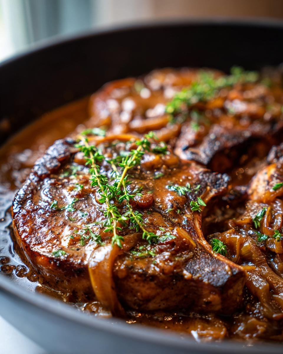 Nahaufnahme von saftigen Smothered Pork Chops in einer reichhaltigen braunen So&szlig;e mit Zwiebeln und Thymian.