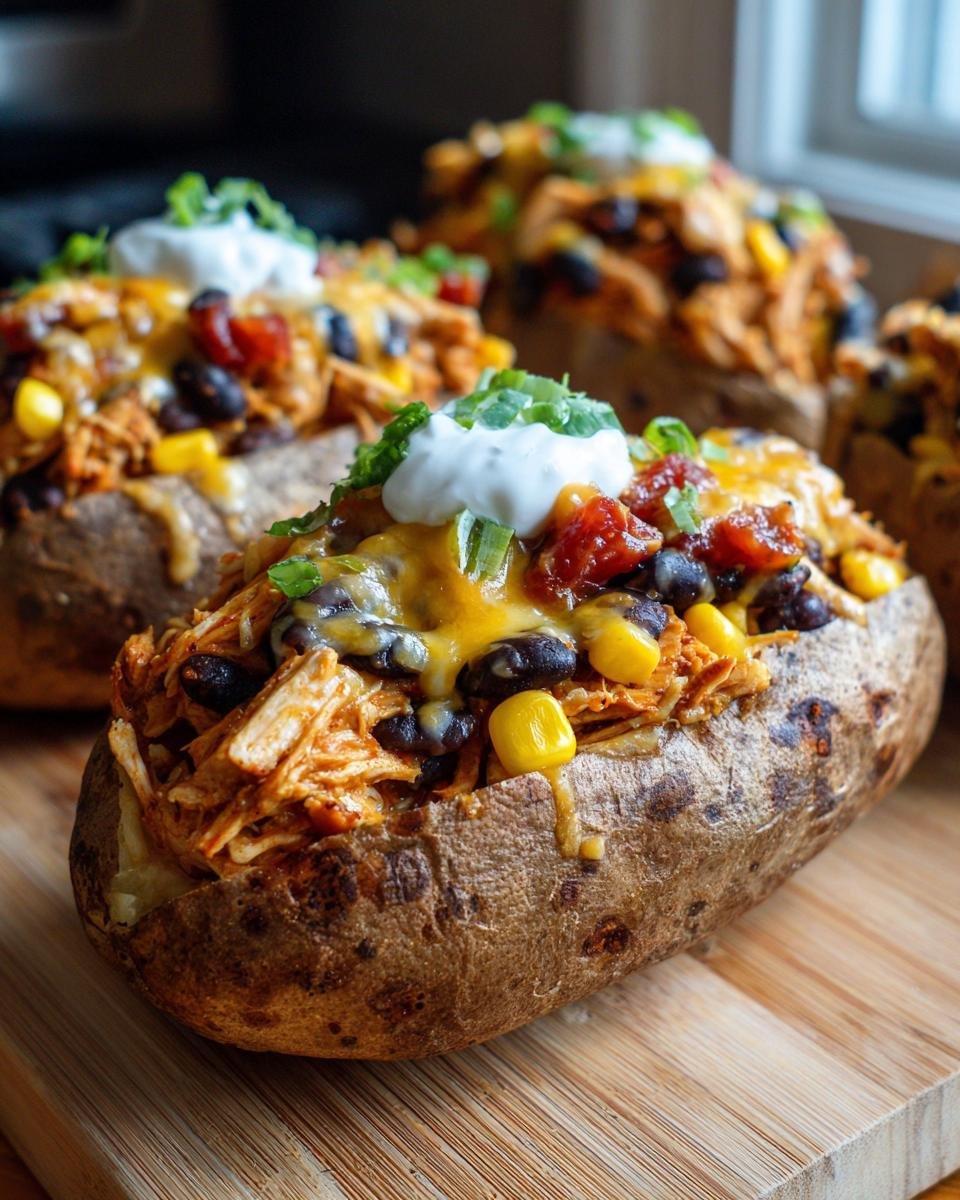 Nahaufnahme einer gef&uuml;llten Ofenkartoffel mit H&auml;hnchen, schwarzen Bohnen und K&auml;se &ndash; Southwestern Loaded Baked Potatoes.