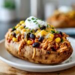 Nahaufnahme einer gebackenen Kartoffel, gef&uuml;llt mit Pulled Chicken, Mais, schwarzen Bohnen und geschmolzenem K&auml;se, gekr&ouml;nt mit Sour Cream. Southwestern Loaded Baked Potatoes.
