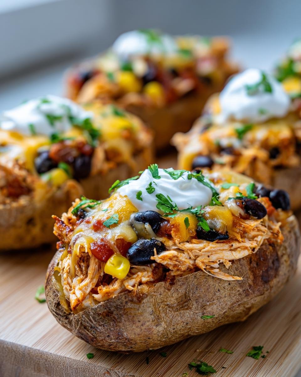 Nahaufnahme einer Southwestern Loaded Baked Potato mit H&auml;hnchen, K&auml;se, Bohnen und Sauerrahm.