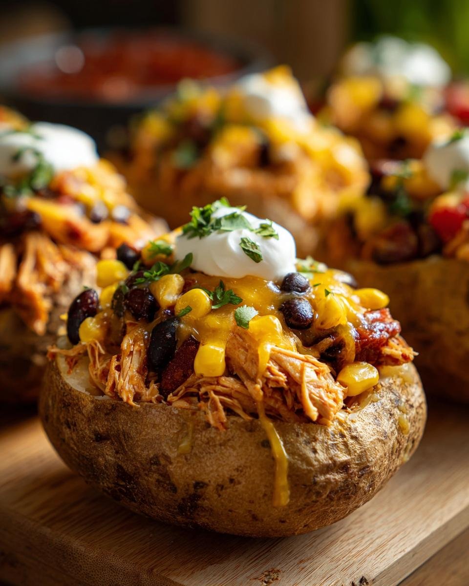 Nahaufnahme einer Southwestern Loaded Baked Potato mit Pulled Chicken, Mais, Bohnen und Sour Cream.