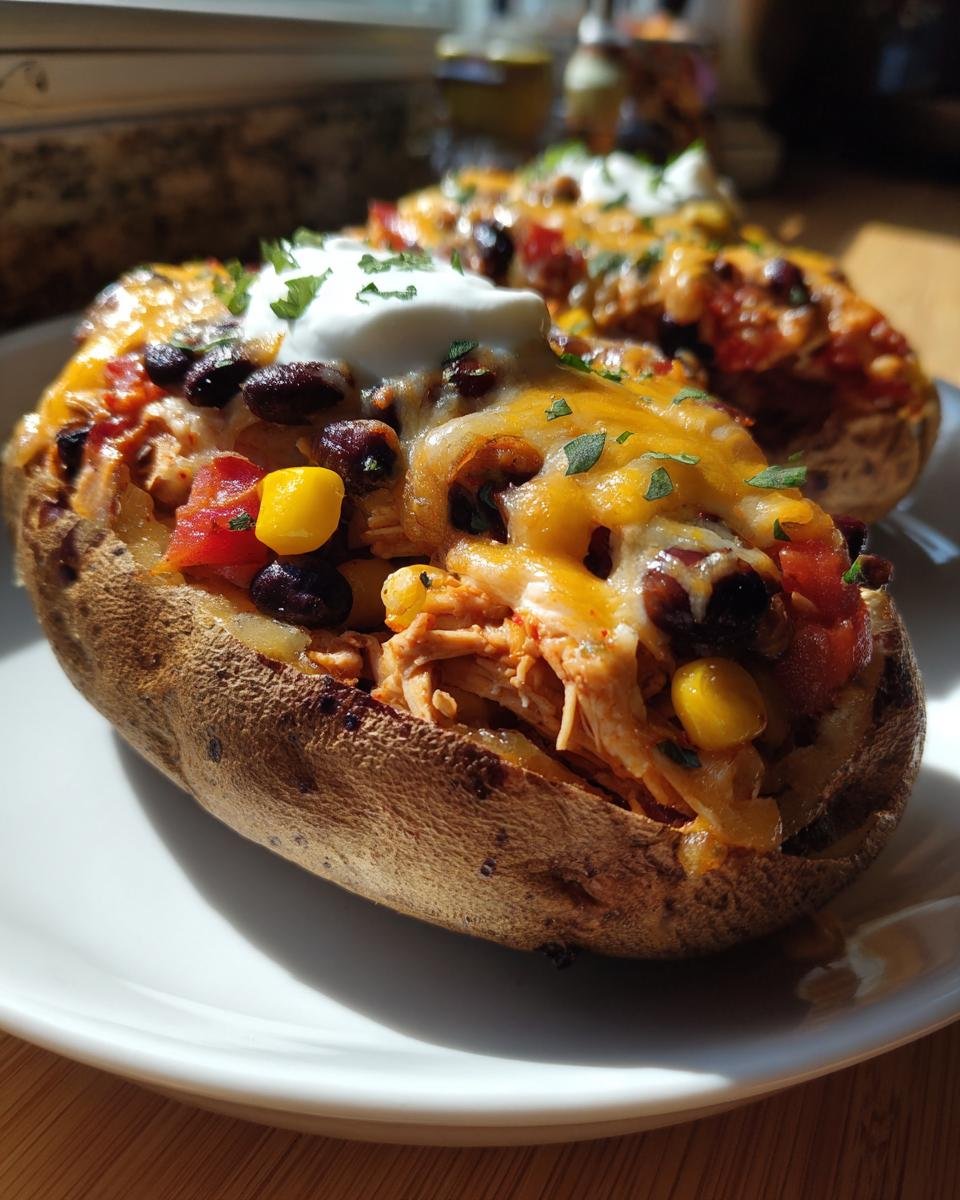 Nahaufnahme einer ofengebackenen Kartoffel, gef&uuml;llt mit H&auml;hnchen, Bohnen, Mais und geschmolzenem K&auml;se &ndash; Southwestern Loaded Baked Potatoes.