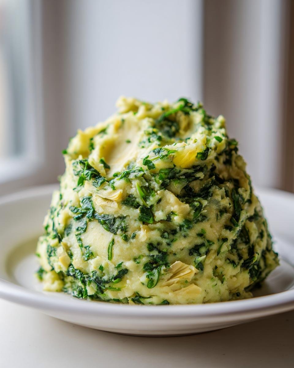 Ein hoher Klecks cremiges Spinach And Artichoke Mashed Potatoes mit viel gr&uuml;nem Spinat und Artischockenherzen.