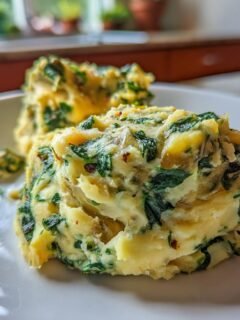 Zwei Portionen cremiges Spinat-Artischocken-Kartoffelpüree auf einem weißen Teller.