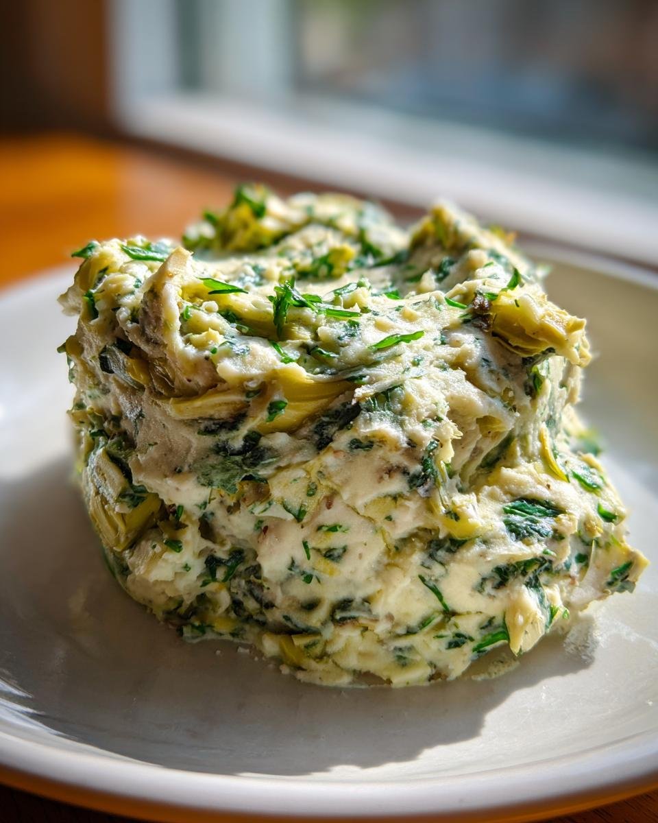 Eine Portion cremiges Spinat-Artischocken-Kartoffelp&uuml;ree, garniert mit Kr&auml;utern, auf einem wei&szlig;en Teller.