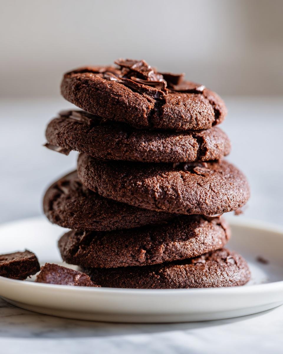 Ein Stapel von f&uuml;nf dunklen, schokoladigen Chocolate Crackers Keksen auf einem wei&szlig;en Teller.