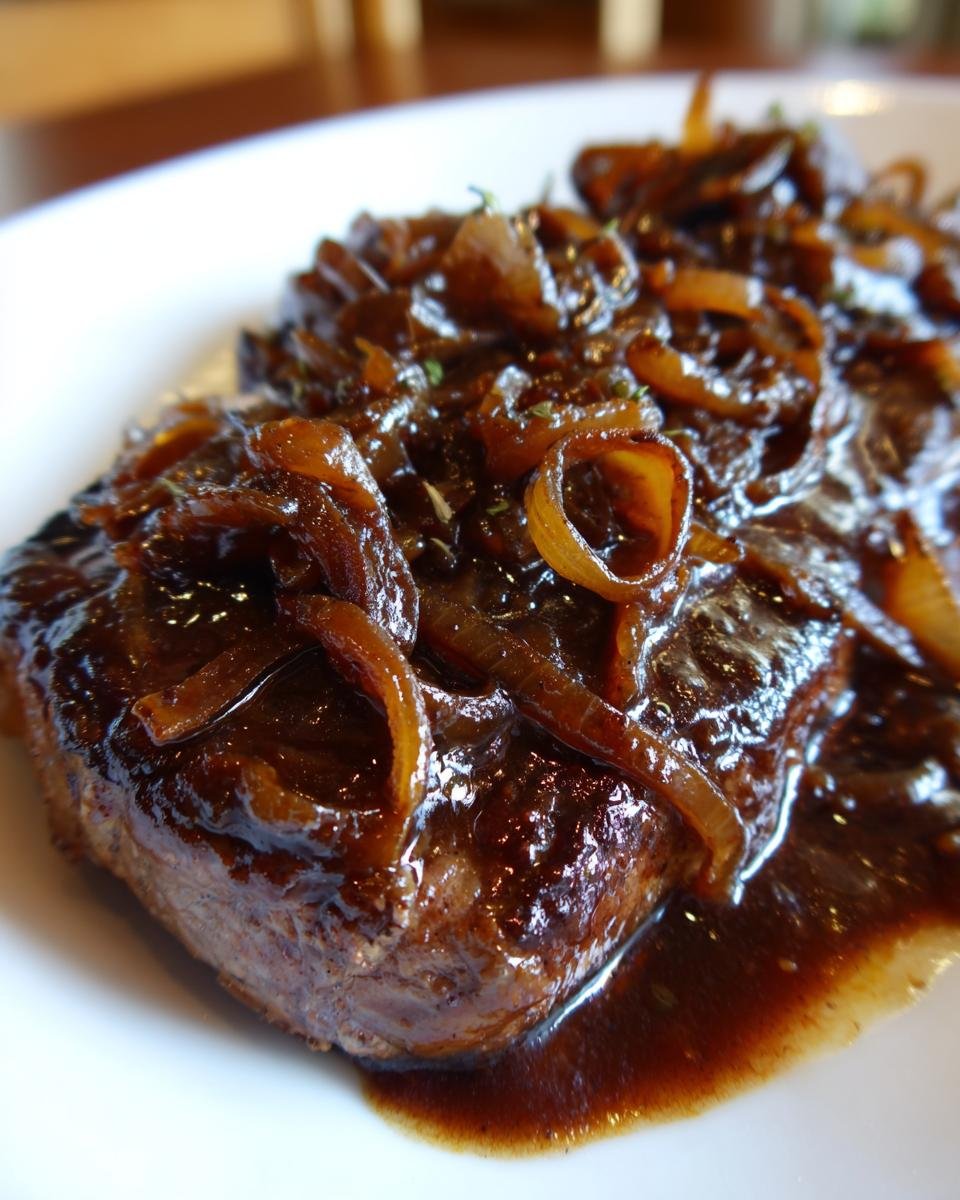 Nahaufnahme eines Steaks, &uuml;ppig bedeckt mit dunkler Zwiebelso&szlig;e und karamellisierten Zwiebelringen (Onion Gravy Smothered Steak).