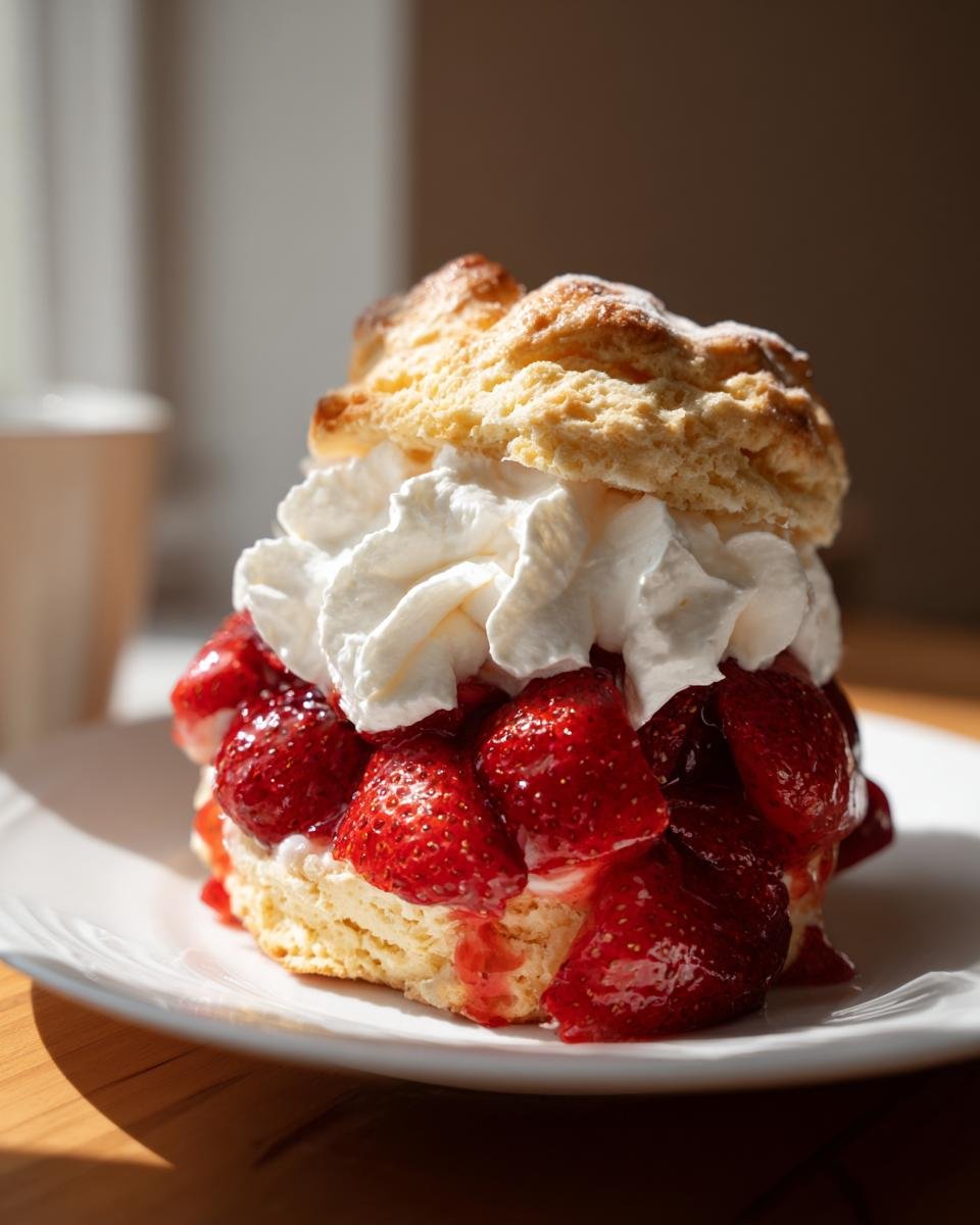 Nahaufnahme eines luftigen Keks mit viel Schlagsahne und gl&auml;nzenden Erdbeeren: perfekte Strawberry Shortcakes.