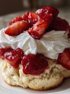 Nahaufnahme eines köstlichen Strawberry Shortcakes mit viel Schlagsahne und marinierten Erdbeeren.