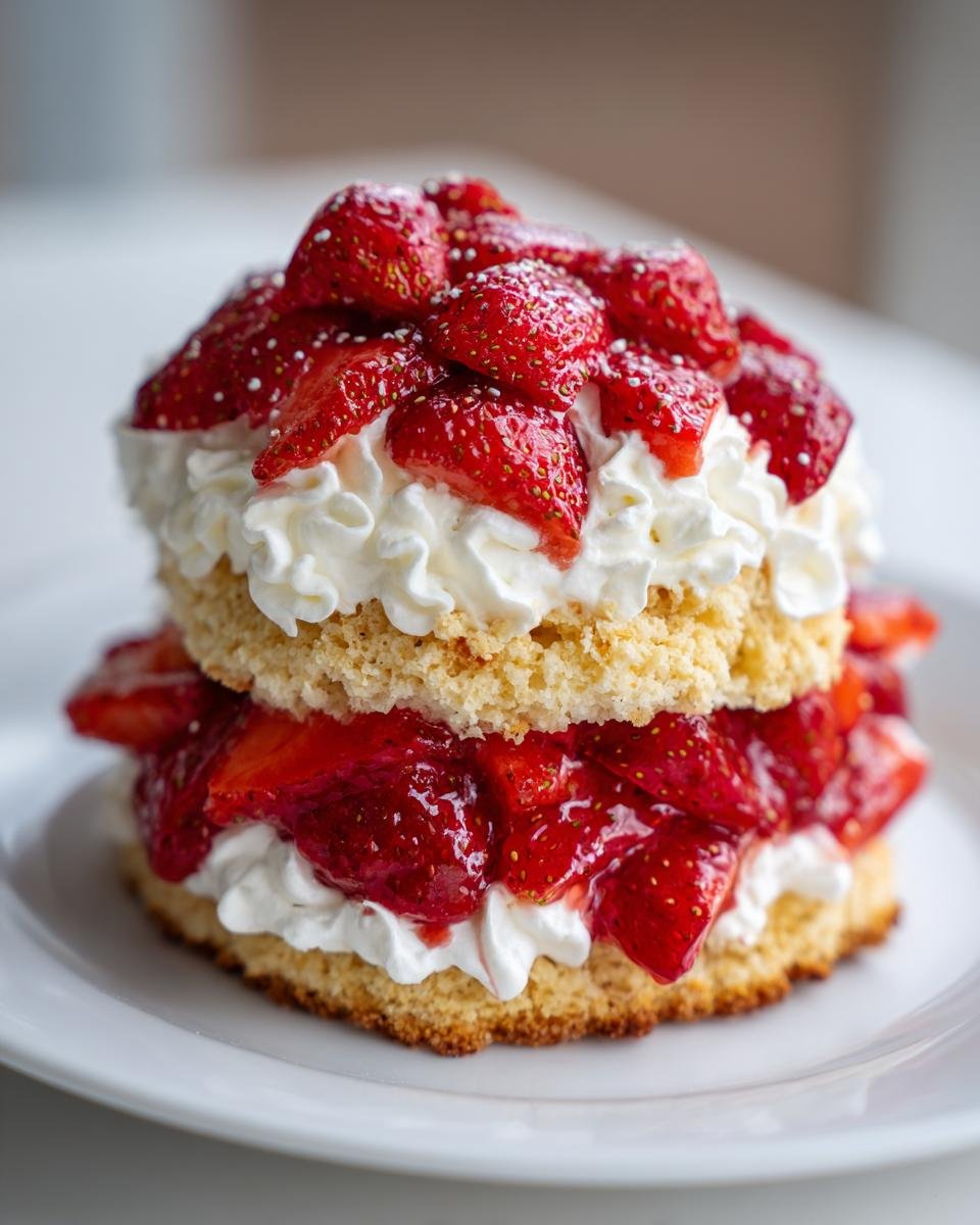 Nahaufnahme eines einzelnen Strawberry Shortcakes mit Sahne und glasierten Erdbeeren.