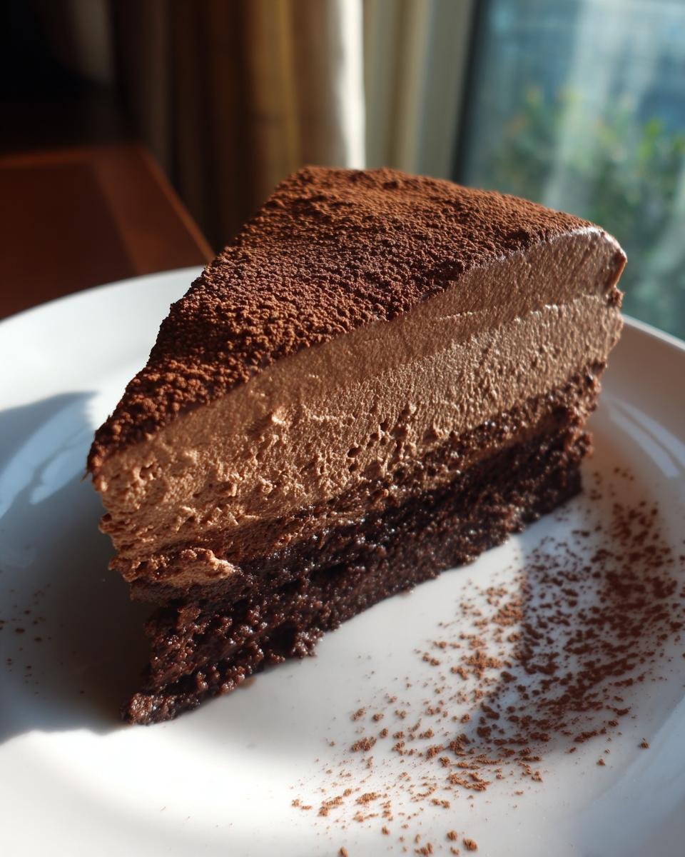 Ein saftiges St&uuml;ck Chocolate Mousse Cake mit zwei Schichten Mousse und Kakaopulver.