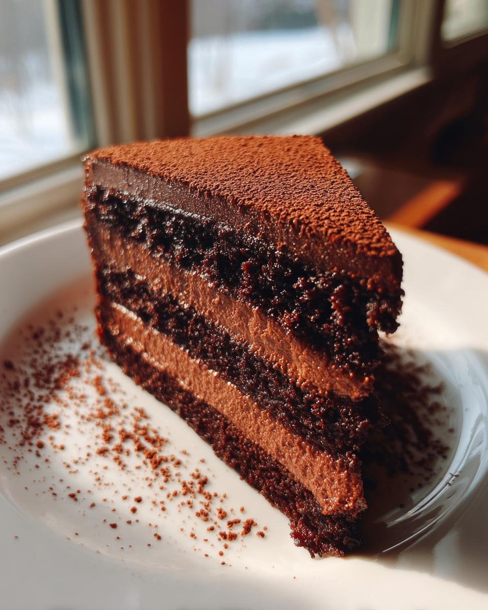Ein saftiges St&uuml;ck Chocolate Mousse Cake mit mehreren Schichten dunklem Kuchen und Mousse, best&auml;ubt mit Kakaopulver.