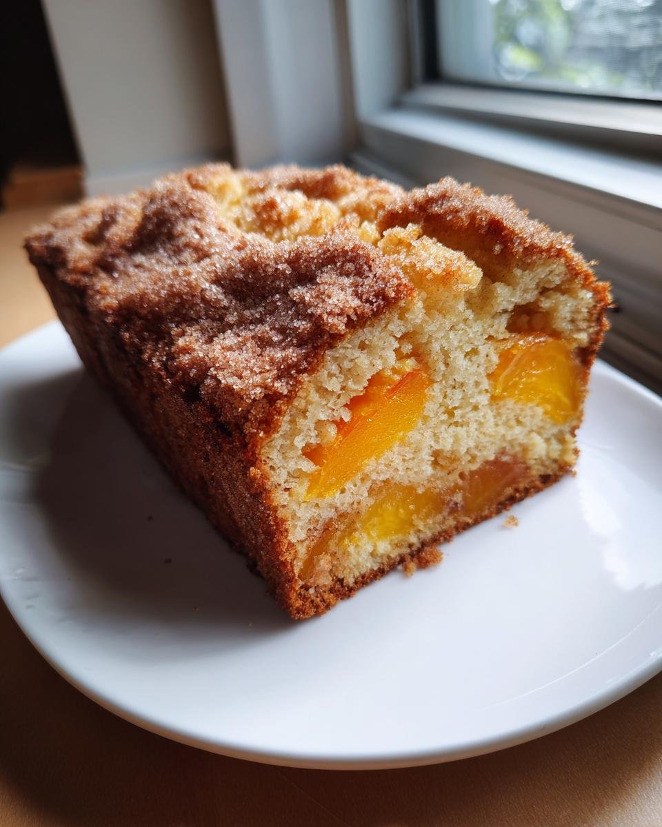Ein angeschnittenes St&uuml;ck Zimt-Ahorn-Pfirsich-Brot mit saftigen Pfirsichst&uuml;cken und Zimtstreuseln auf einem wei&szlig;en Teller.