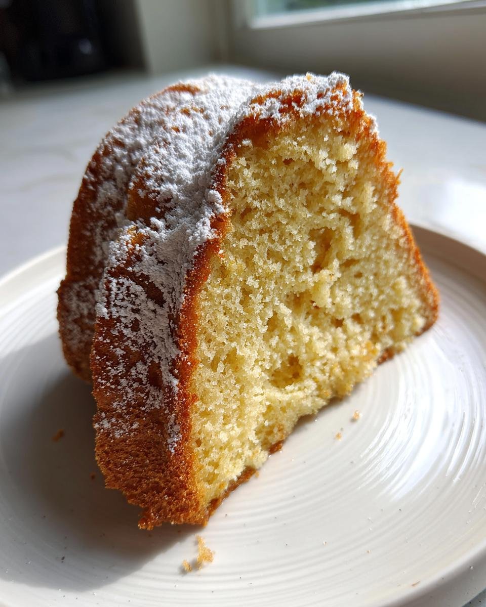 Nahaufnahme eines St&uuml;cks saftiger Citrus Olive Oil Bundt Cake, best&auml;ubt mit Puderzucker, auf einem wei&szlig;en Teller.