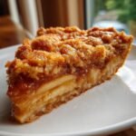 Nahaufnahme eines saftigen St&uuml;cks Dutch Apple Pie mit dicken Apfelschichten und knusprigen Streuseln.