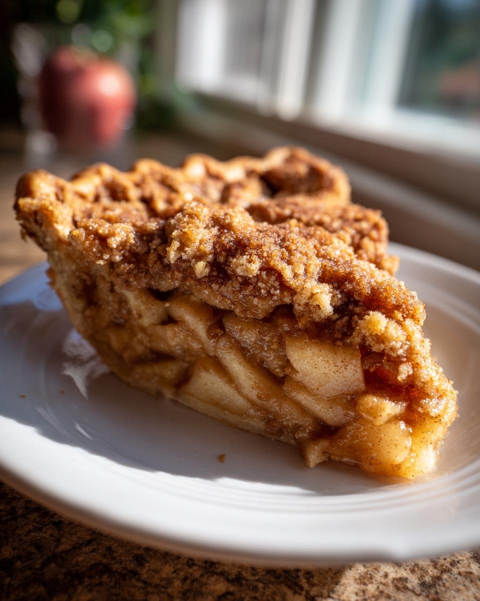 Nahaufnahme eines St&uuml;cks Dutch Apple Pie mit dicker, knuspriger Zimtstreusel-Decke und saftiger Apfelf&uuml;llung.