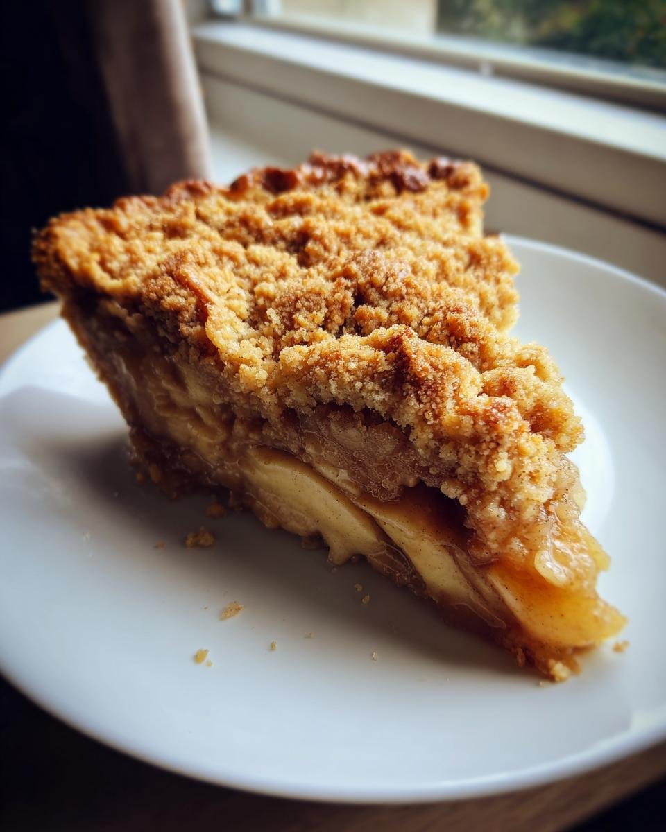 Nahaufnahme eines k&ouml;stlichen St&uuml;cks Dutch Apple Pie mit dicken Apfelschichten und knusprigen Zimtstreuseln auf einem wei&szlig;en Teller.