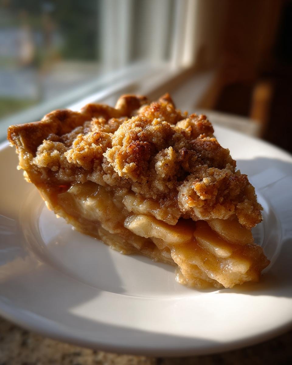 Ein angeschnittenes St&uuml;ck Dutch Apple Pie mit dicker Apfelf&uuml;llung und knusprigen Streuseln auf einem wei&szlig;en Teller.