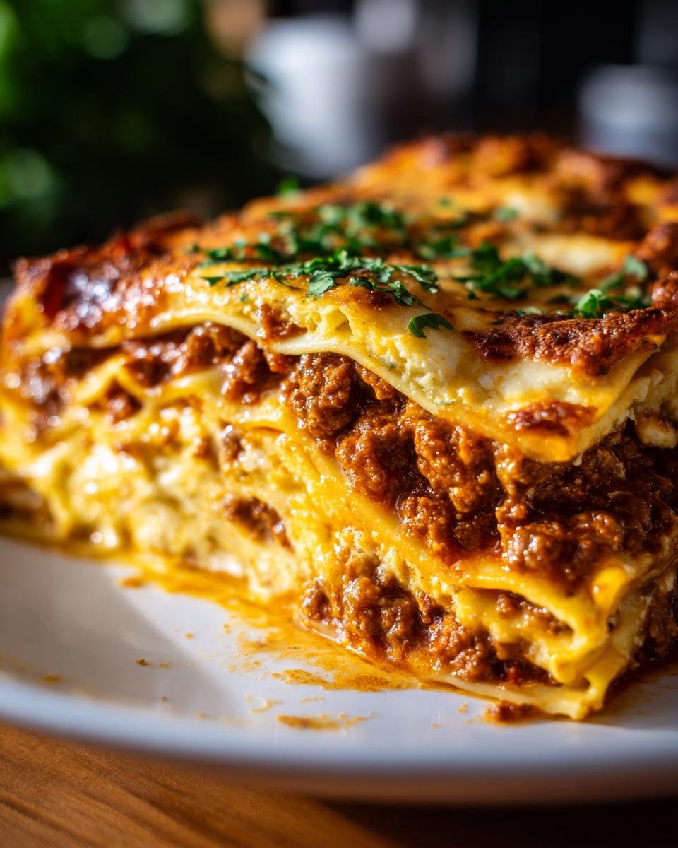 Nahaufnahme eines perfekt geschichteten St&uuml;cks Lasagna Bolognese mit reichhaltiger Bolognese-Sauce und goldbrauner K&auml;sekruste.