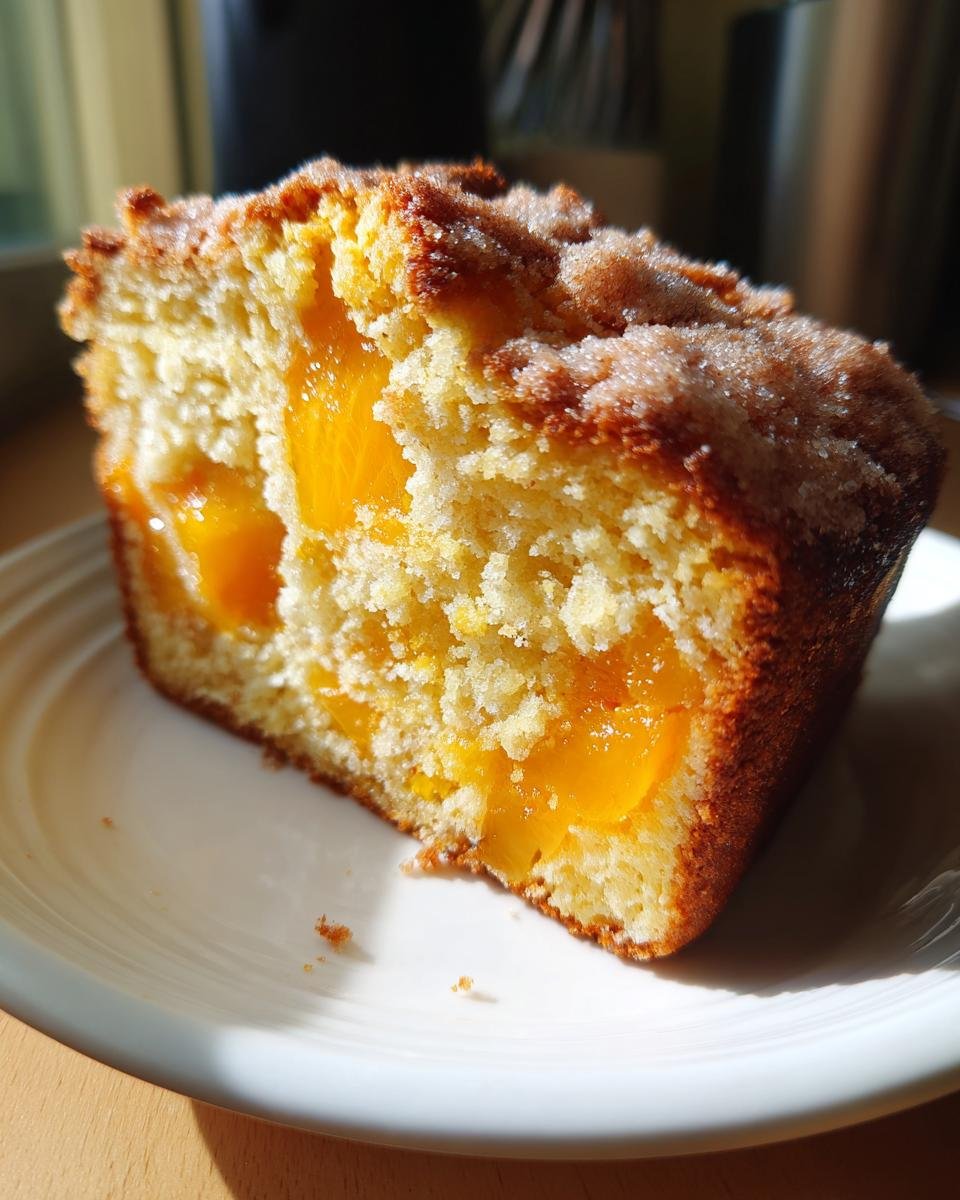 Nahaufnahme eines saftigen St&uuml;cks Zimt-Ahorn-Pfirsich-Brot mit sichtbaren Pfirsichst&uuml;cken und Zimtstreuseln.