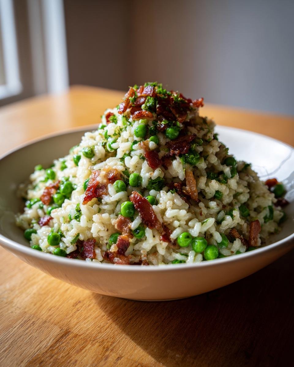 Nahaufnahme von cremigem Sweet Pea And Crispy Bacon Risotto, garniert mit Speckst&uuml;ckchen.