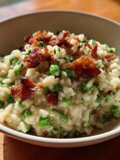 Cremiges Sweet Pea And Crispy Bacon Risotto mit knusprigem Speck garniert in einer hellen Schüssel.