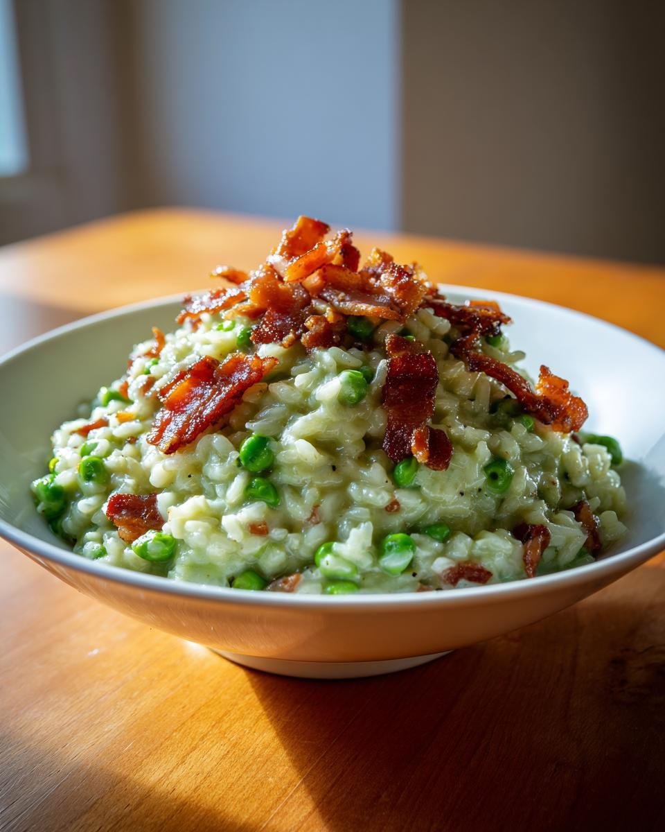 Cremiges Sweet Pea And Crispy Bacon Risotto mit knusprigem Speck garniert in einer wei&szlig;en Schale.