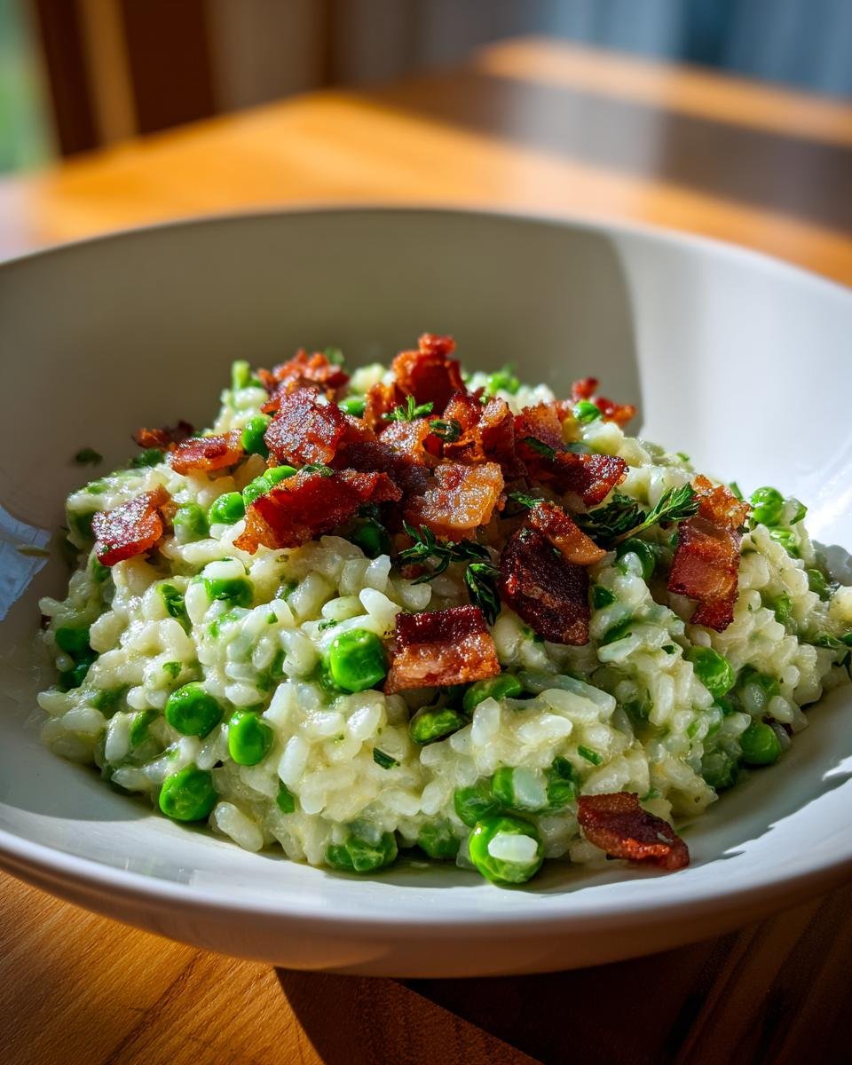 Cremiges Sweet Pea And Crispy Bacon Risotto mit knusprigem Speck und Erbsen in einer wei&szlig;en Schale.