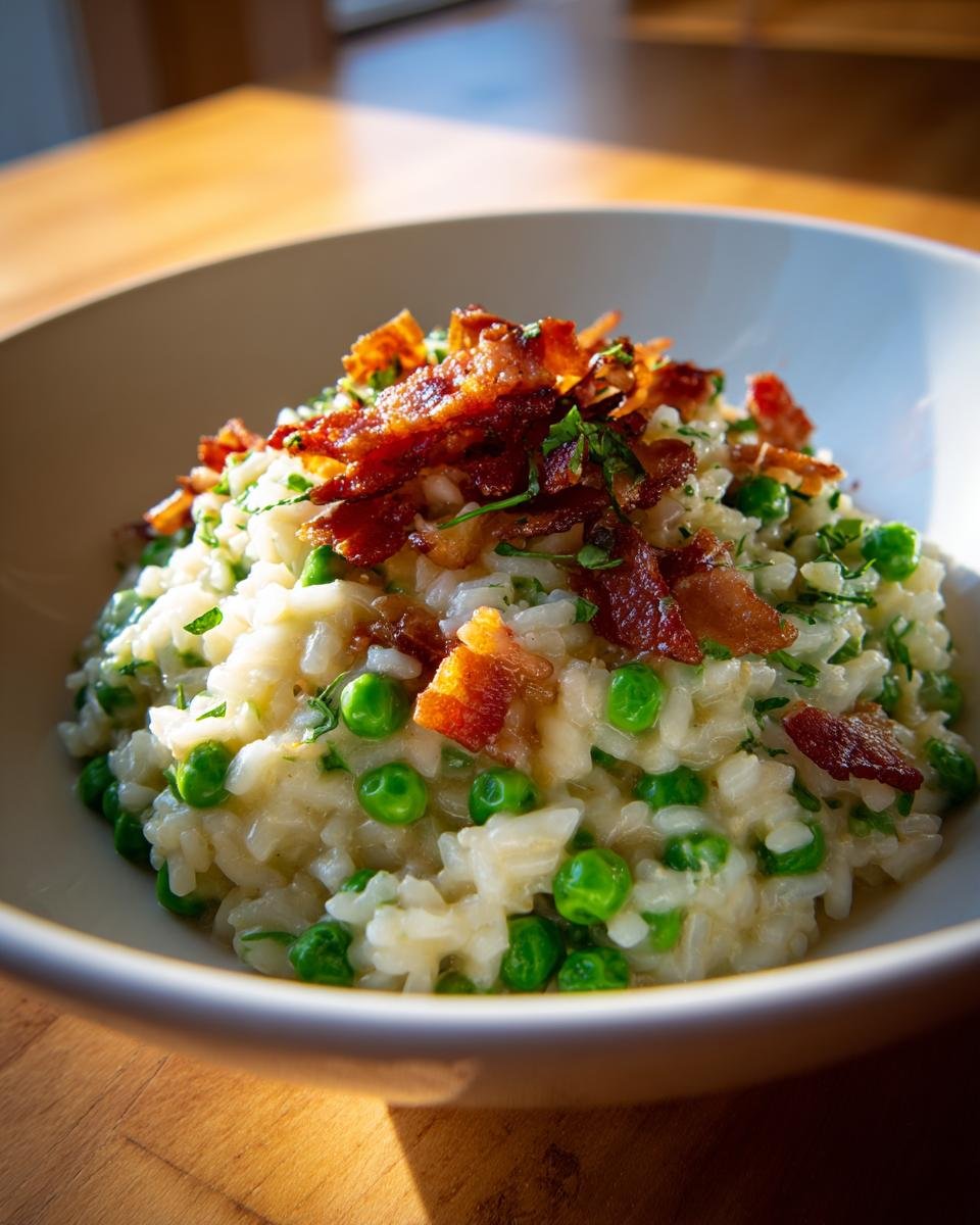 Cremiges Sweet Pea And Crispy Bacon Risotto mit knusprigem Speck garniert in einer wei&szlig;en Sch&uuml;ssel.
