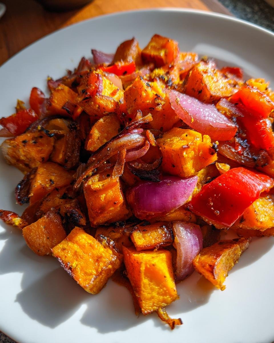 Nahaufnahme von gebratenem Sweet Potato Hash mit karamellisierten roten Zwiebeln und Paprika auf einem wei&szlig;en Teller.