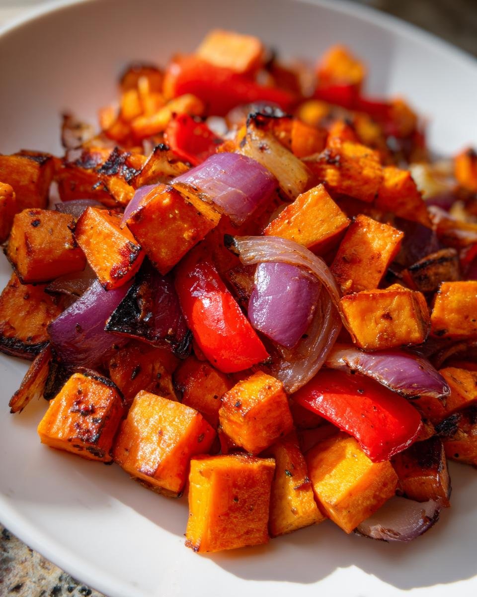 Nahaufnahme von gebratenem Sweet Potato Hash mit karamellisierten roten Zwiebeln und Paprika.