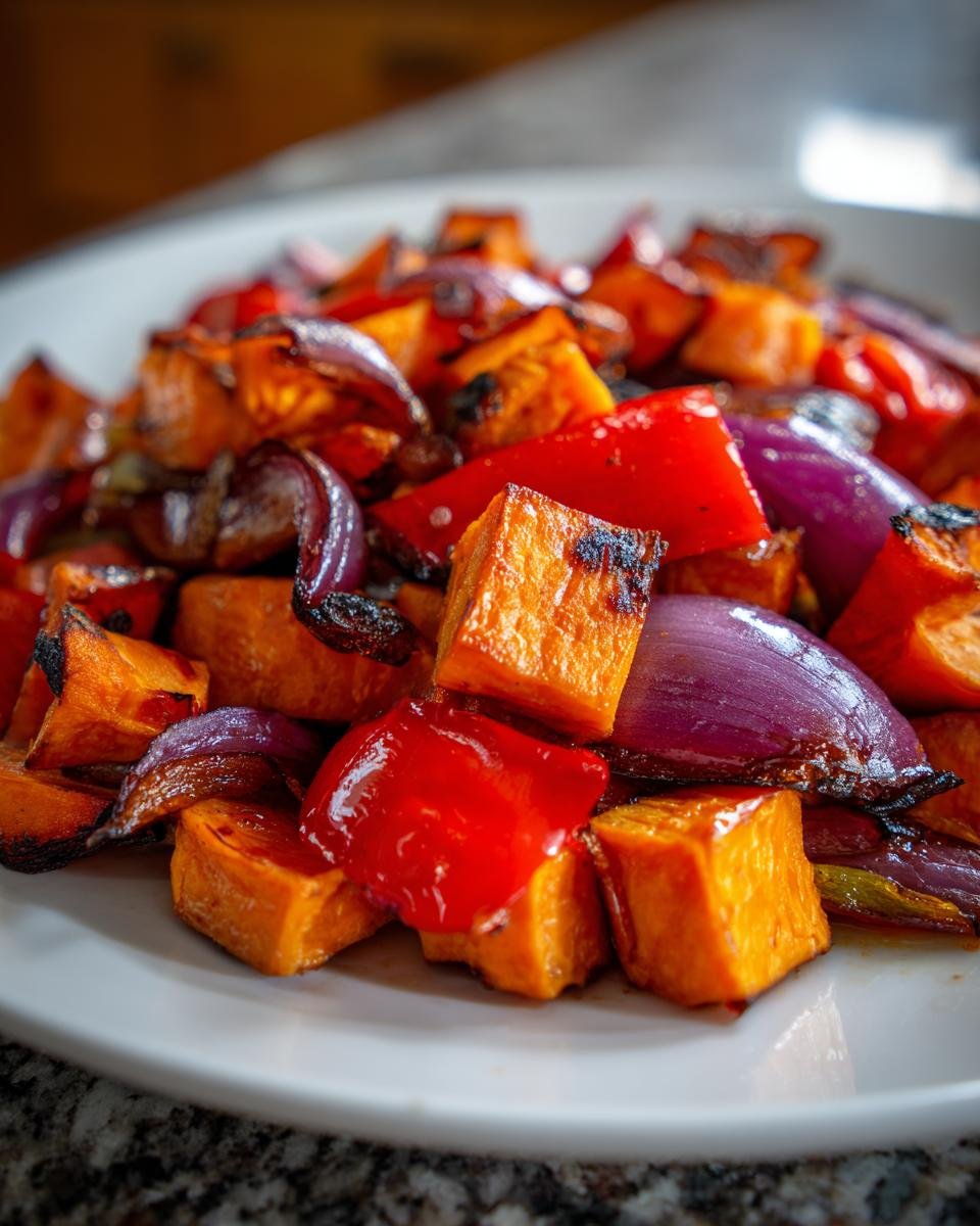 Nahaufnahme von gew&uuml;rfeltem, ger&ouml;stetem Sweet Potato Hash mit roten Zwiebeln und roter Paprika auf einem wei&szlig;en Teller.