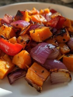 Nahaufnahme von gebratenem Sweet Potato Hash mit karamellisierten roten Zwiebeln und Paprika auf einem weißen Teller.