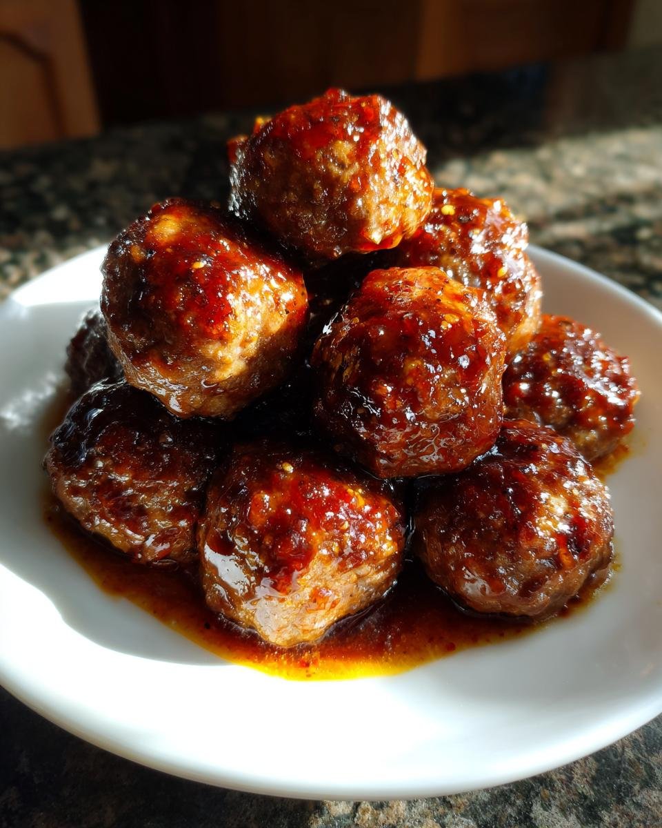 Nahaufnahme von glasierten Teriyaki Meatballs, gestapelt auf einem wei&szlig;en Teller mit Teriyaki-Sauce.