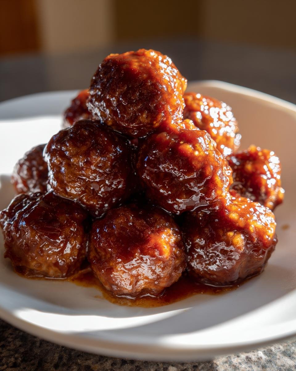 Nahaufnahme von glasierten, braunen Teriyaki Meatballs, die auf einem wei&szlig;en Teller gestapelt sind.