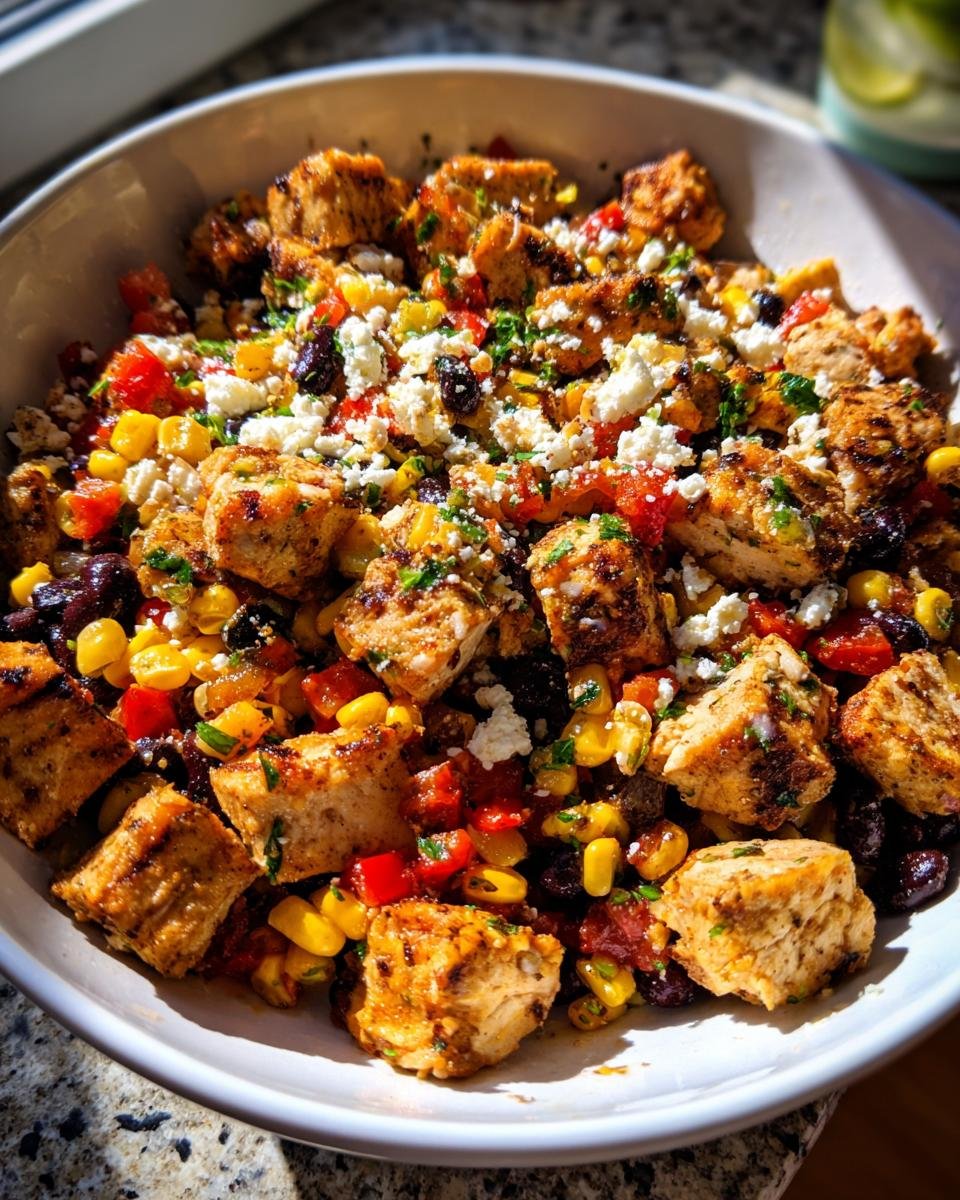 Nahaufnahme eines bunten Tex Mex Chicken Salad mit gegrillten H&auml;hnchenw&uuml;rfeln, schwarzen Bohnen, Mais und Feta.