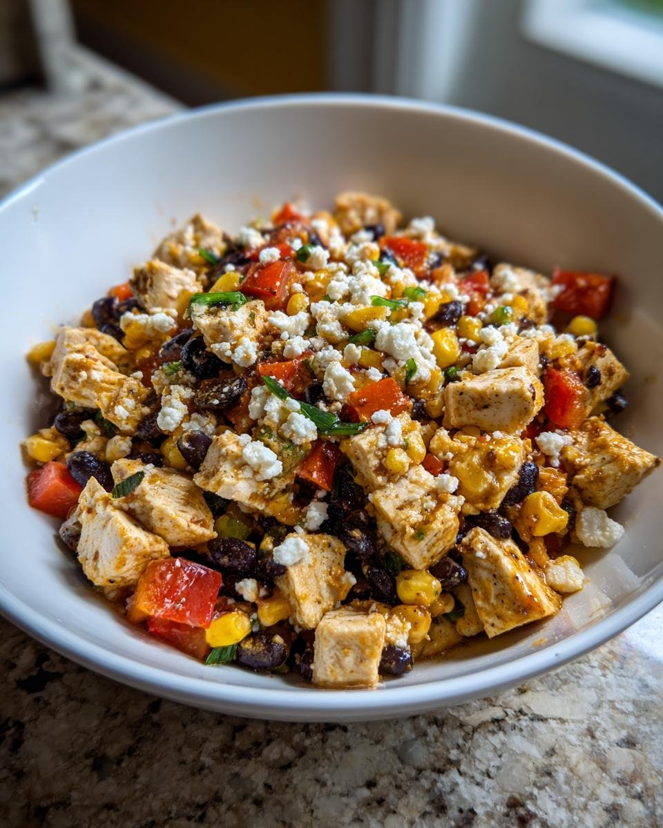 Nahaufnahme einer Sch&uuml;ssel Tex Mex Chicken Salad mit gew&uuml;rfeltem H&auml;hnchen, schwarzen Bohnen, Mais und zerbr&ouml;seltem K&auml;se.