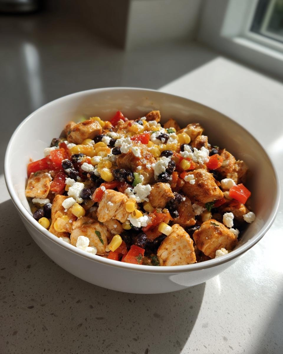 Nahaufnahme einer wei&szlig;en Sch&uuml;ssel mit Tex Mex Chicken Salad, gef&uuml;llt mit gew&uuml;rzten H&auml;hnchenst&uuml;cken, Mais, schwarzen Bohnen und zerbr&ouml;seltem K&auml;se.