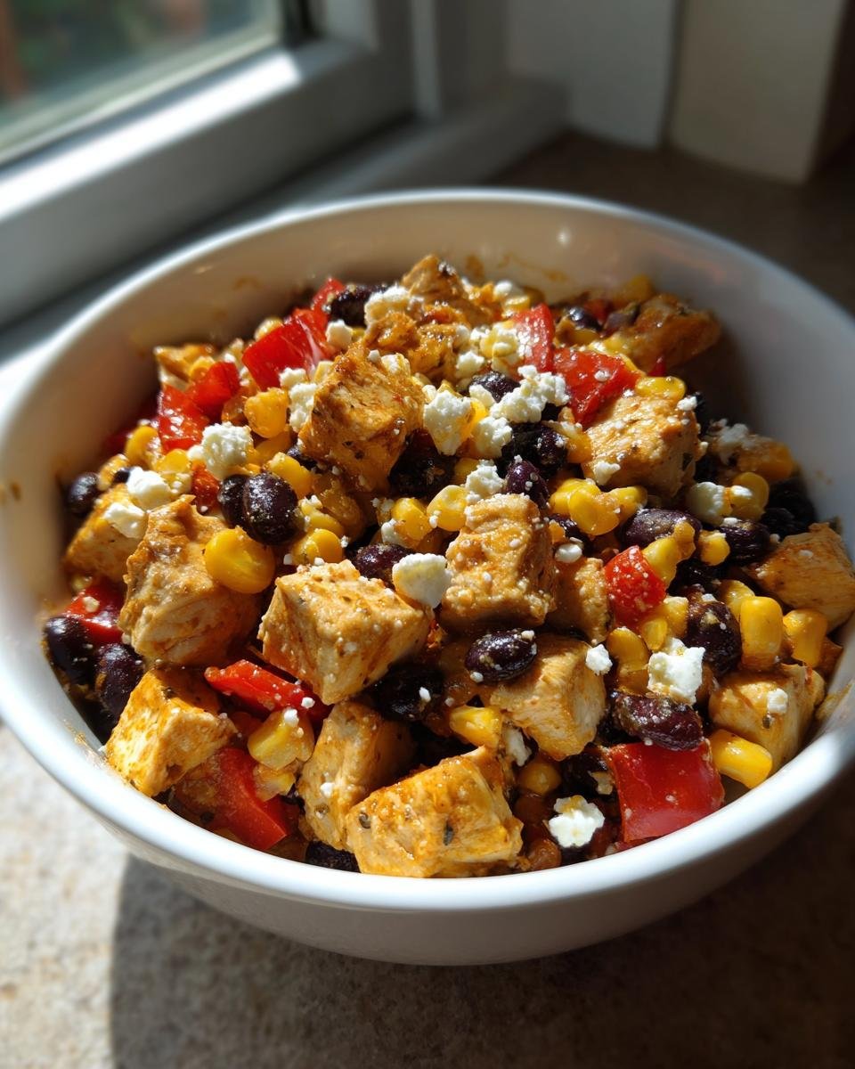 Nahaufnahme einer Sch&uuml;ssel mit Tex Mex Chicken Salad, bestehend aus gew&uuml;rfeltem H&auml;hnchen, schwarzen Bohnen, Mais und zerbr&ouml;seltem K&auml;se.