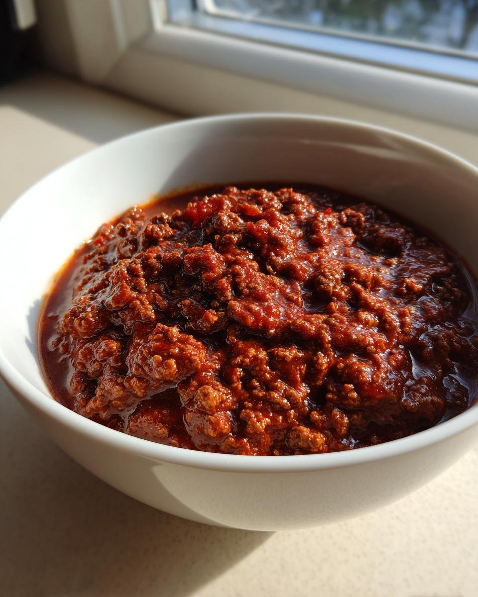 Nahaufnahme von tiefrotem, w&uuml;rzigem Texas No Beans Chili mit viel Hackfleisch in einer wei&szlig;en Sch&uuml;ssel.